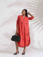 Thumbnail for trueBrowns Orange Cotton Embroidered Flared Dress