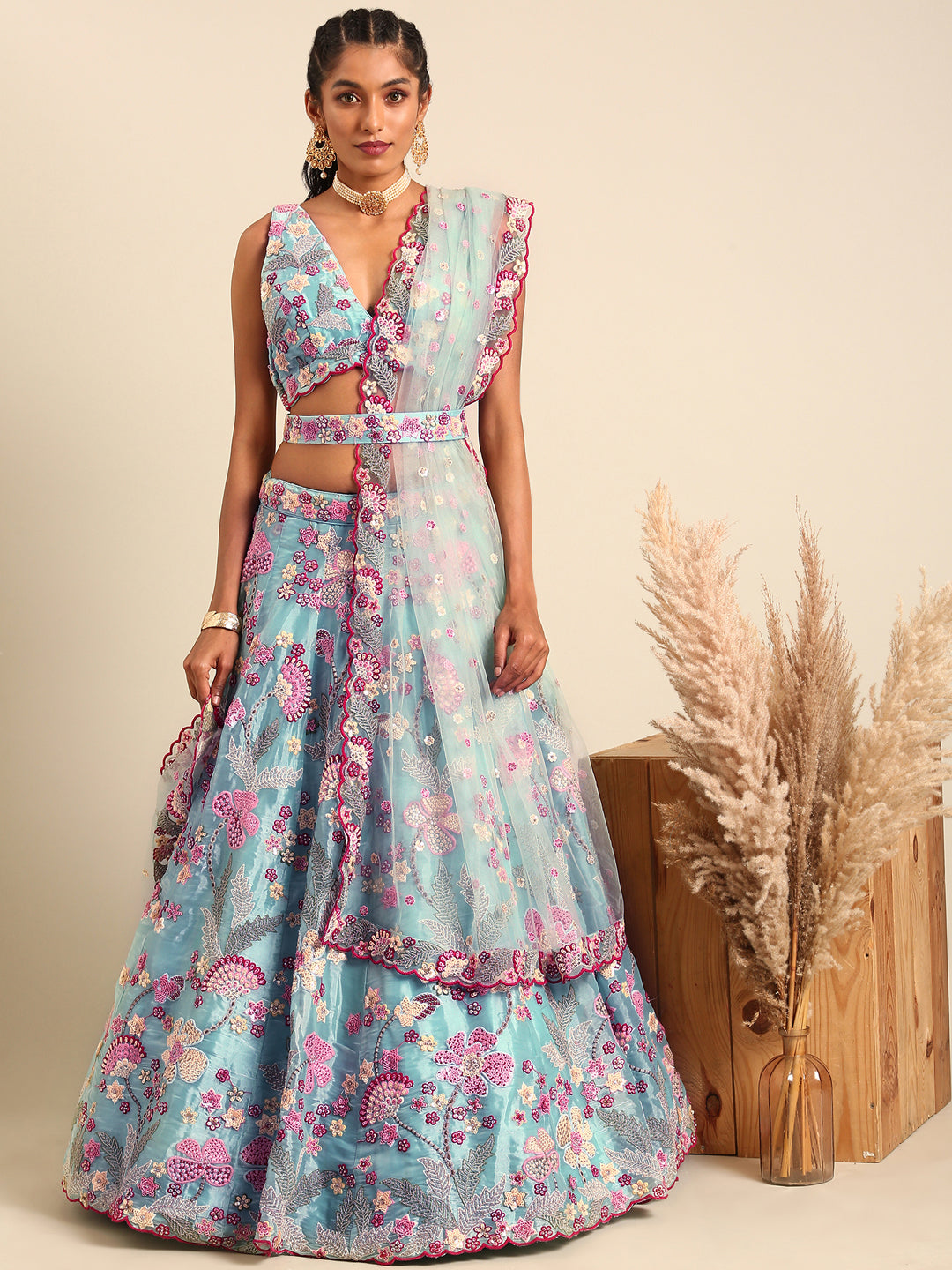 House of Panchhi Turquoise Blue Organza Sequins And Zarkan Embroidery Lehenga Choli & Dupatta - Distacart