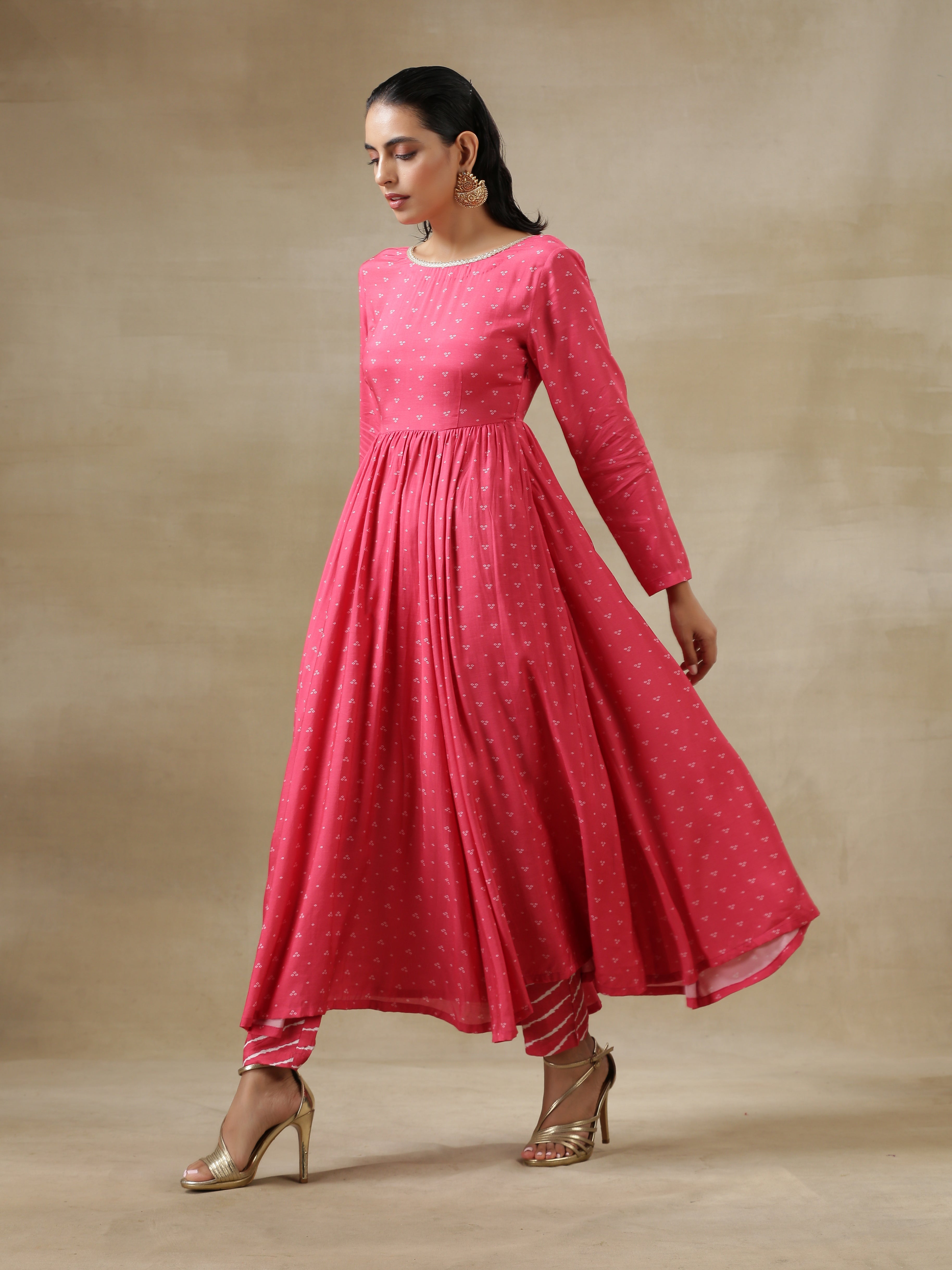 trueBrowns Pink Bandhani Printed Silk Anarkali Kurta Pant Dupatta Set - Distacart