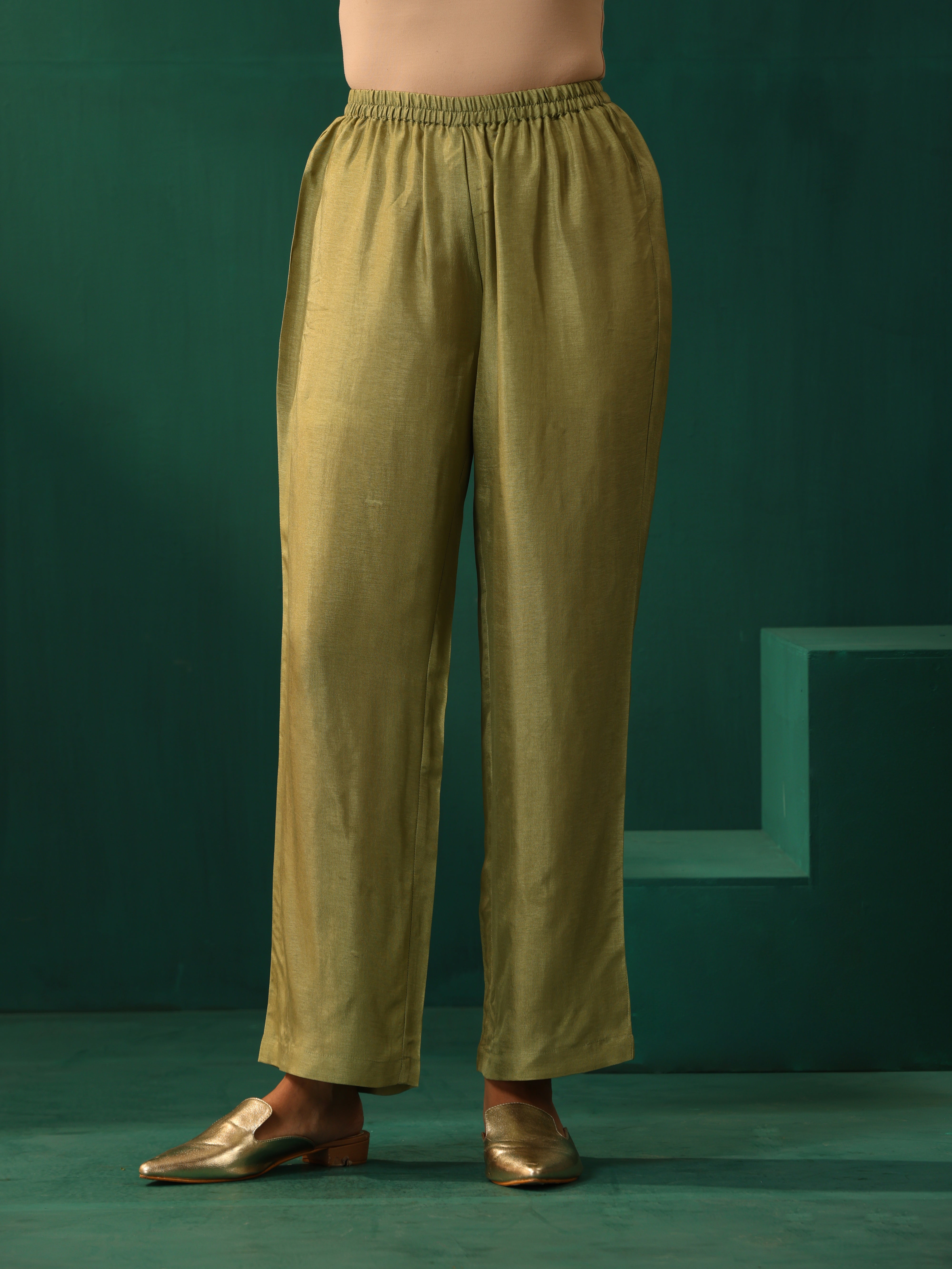 trueBrowns Green Square Viscose Silk Side Gathered Co-ord Set - Distacart