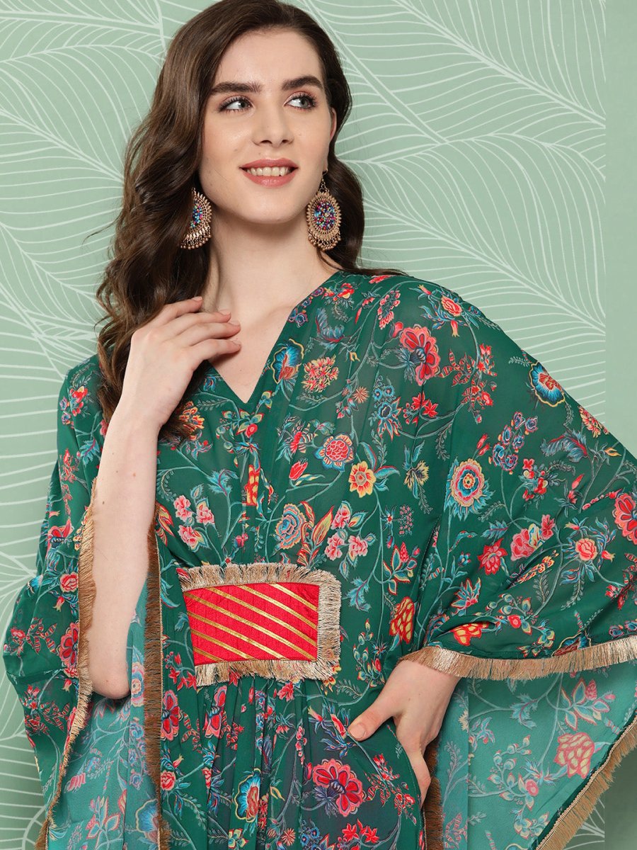 Ahalyaa Women Floral Printed Flared Sleeves Patchwork Georgette Kaftan Kurta - Distacart