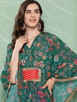 Thumbnail for Ahalyaa Women Floral Printed Flared Sleeves Patchwork Georgette Kaftan Kurta - Distacart