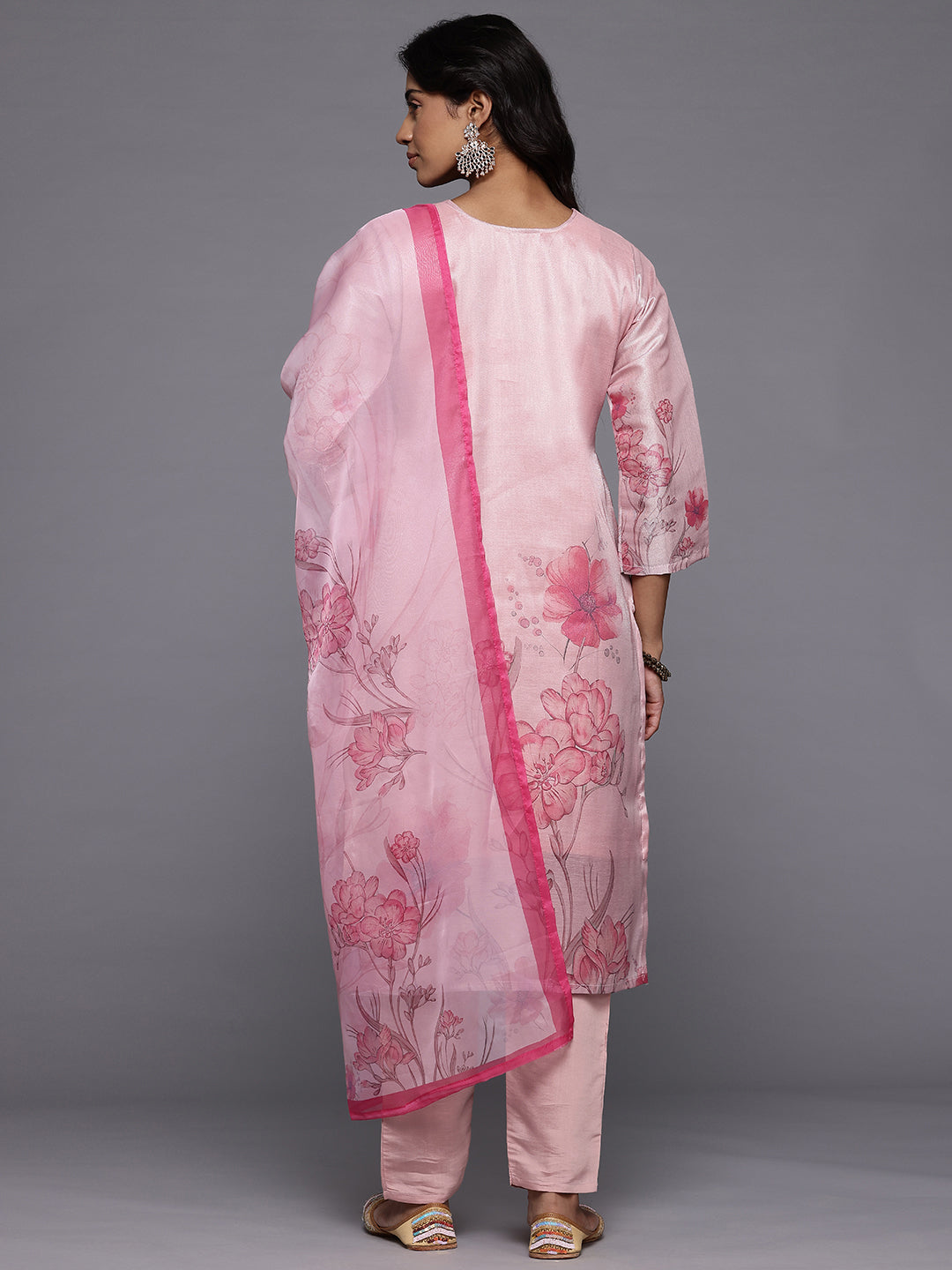 Varanga Women Pink Silk Floral Printed Beads And Stones Embellished Kurta Set With Dupatta - Distacart