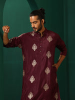 Thumbnail for trueBrowns Men's Wine Geometric Viscose Silk Long Kurta - Distacart