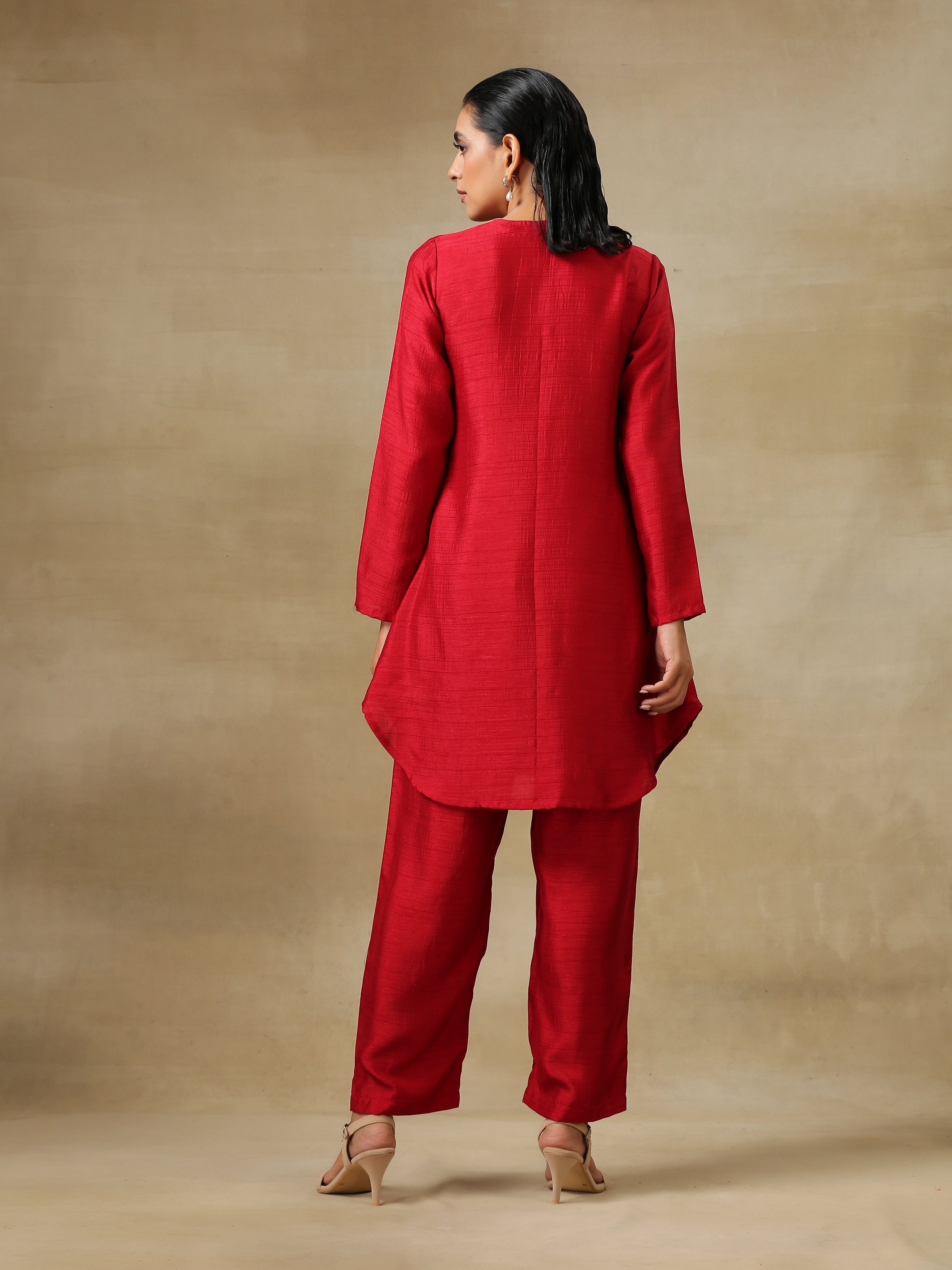 trueBrowns Maroon Textured Silk Front Placket Co-Ord Set - Distacart