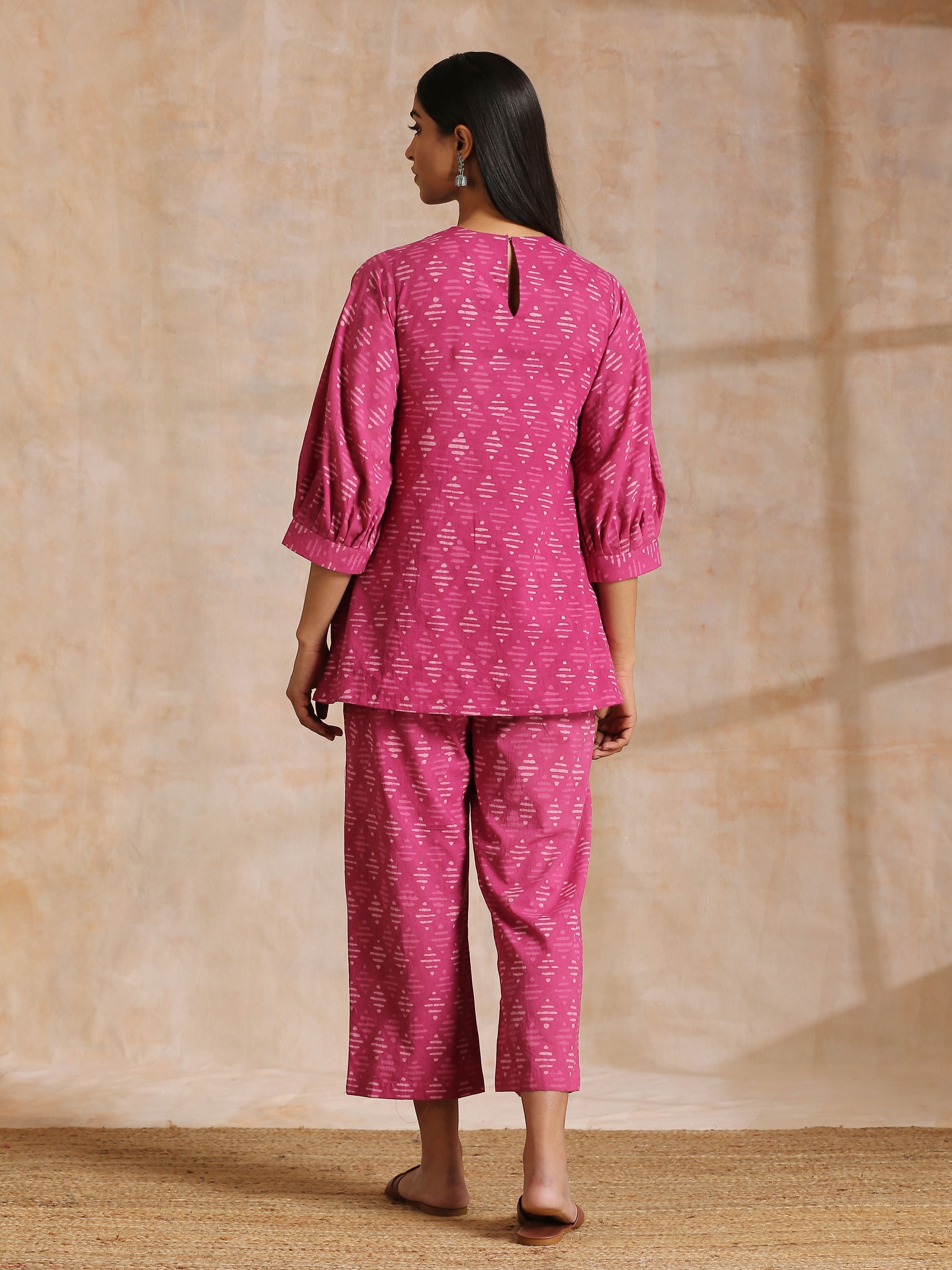 trueBrowns Pink Dabu Print Cotton Baggy Sleeve Co-Ord Set - Distacart