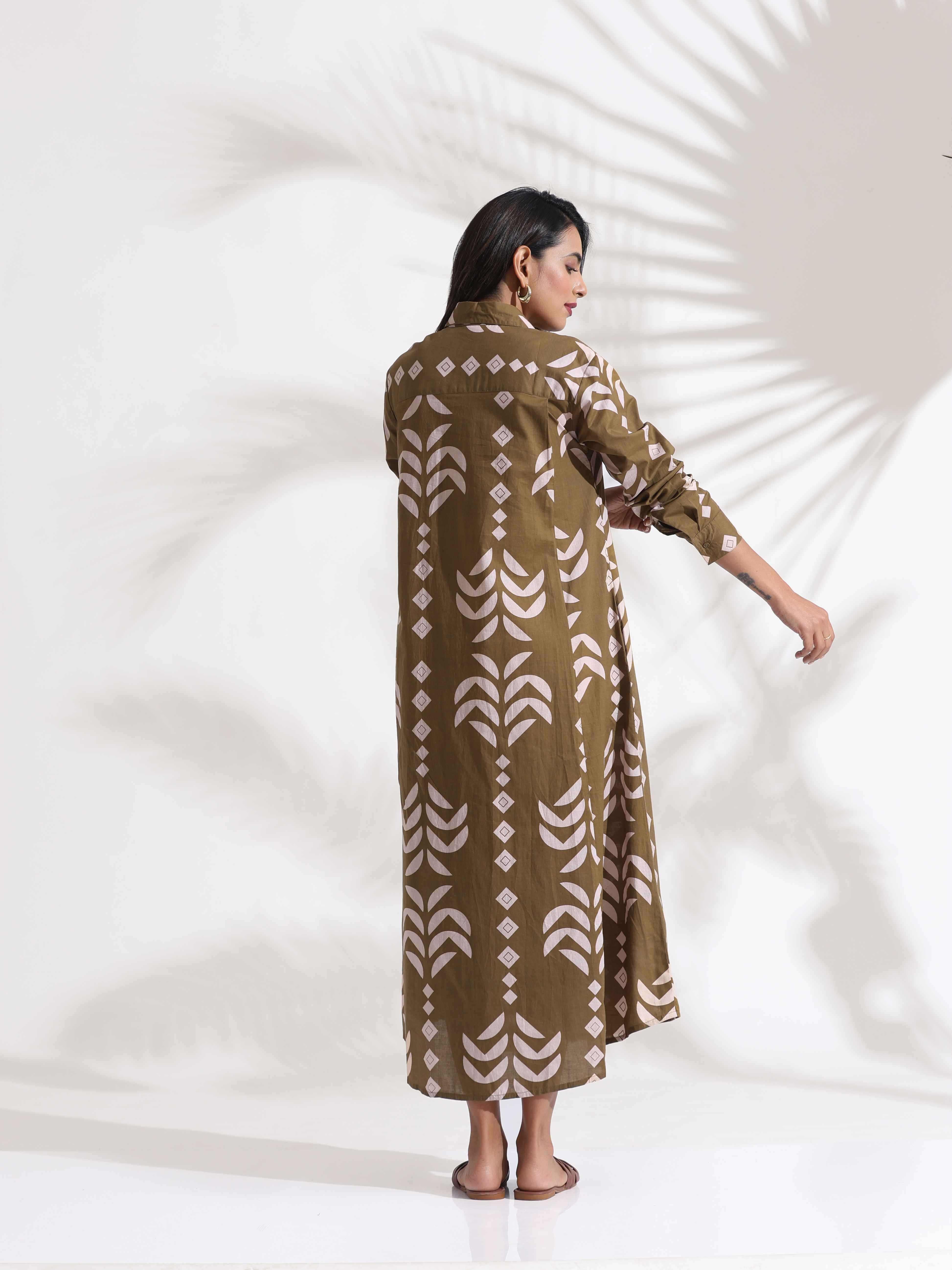trueBrowns Olive Green Cotton Print Shirt Dress