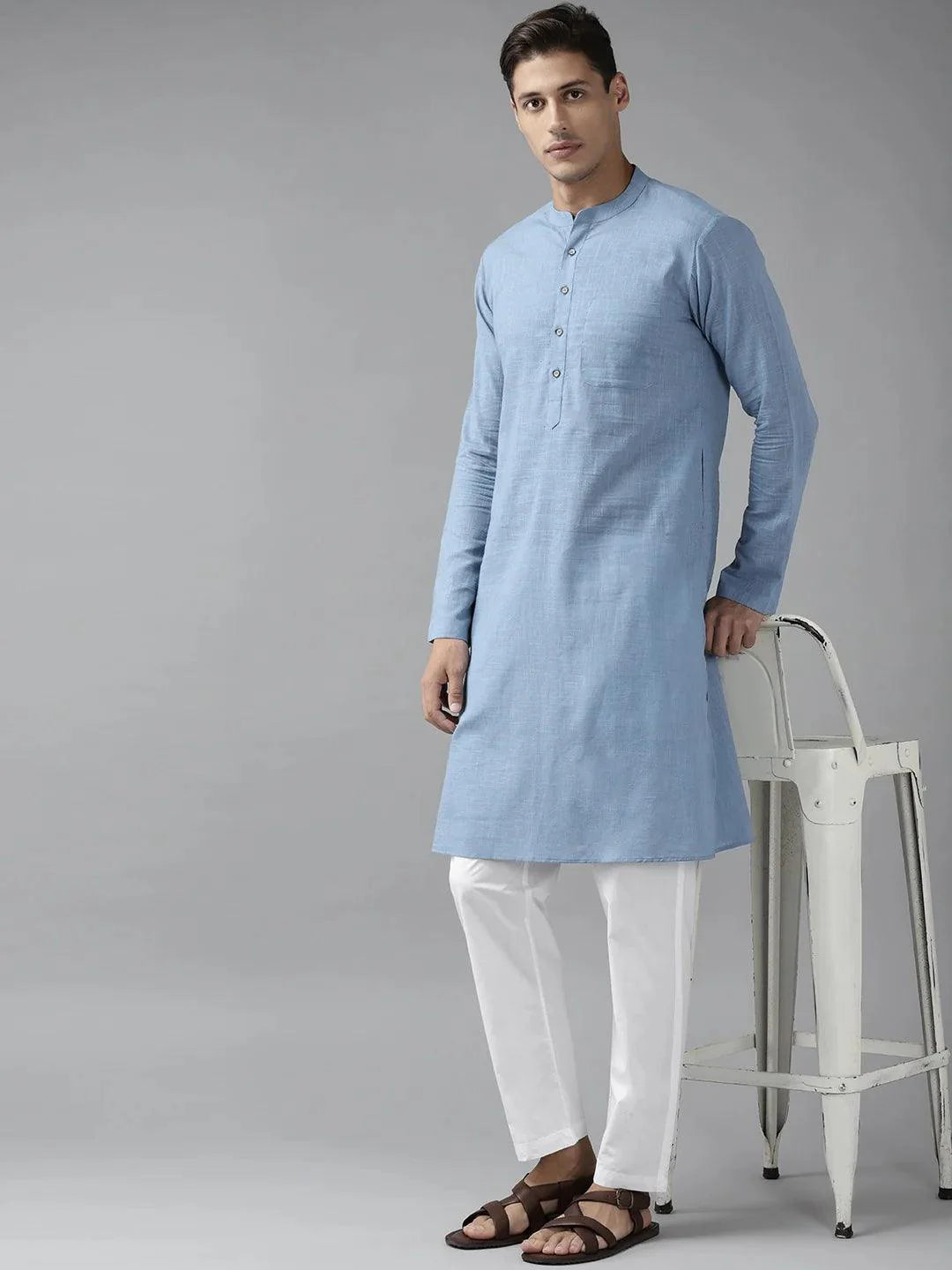 Fabmade Men Blue Cotton Linen Kurta Pyjama