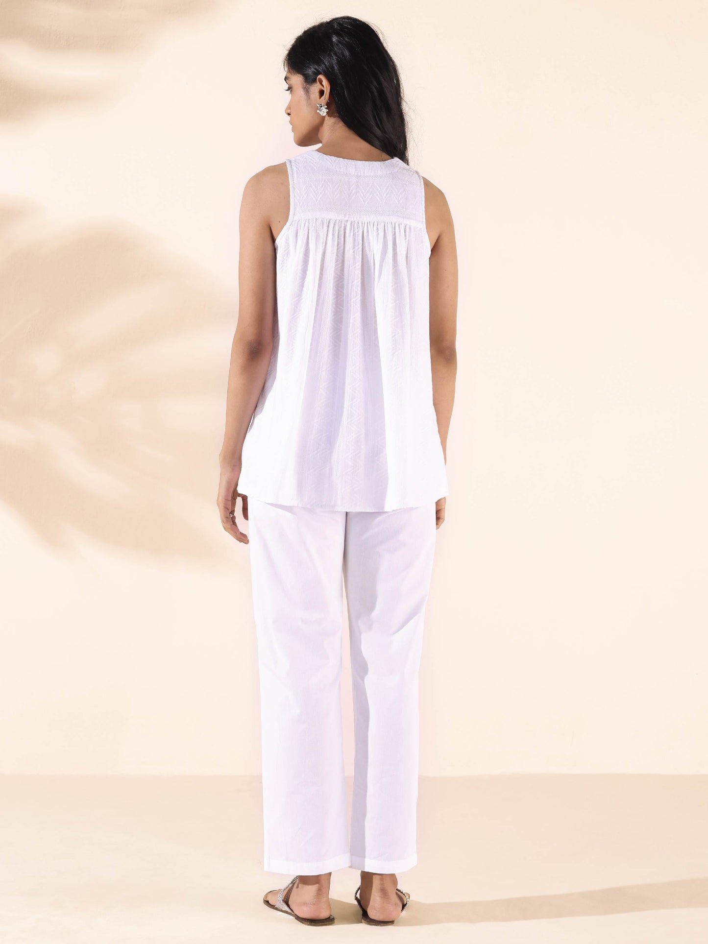trueBrowns White Cotton Dobby Flared Co-ord Set - Distacart