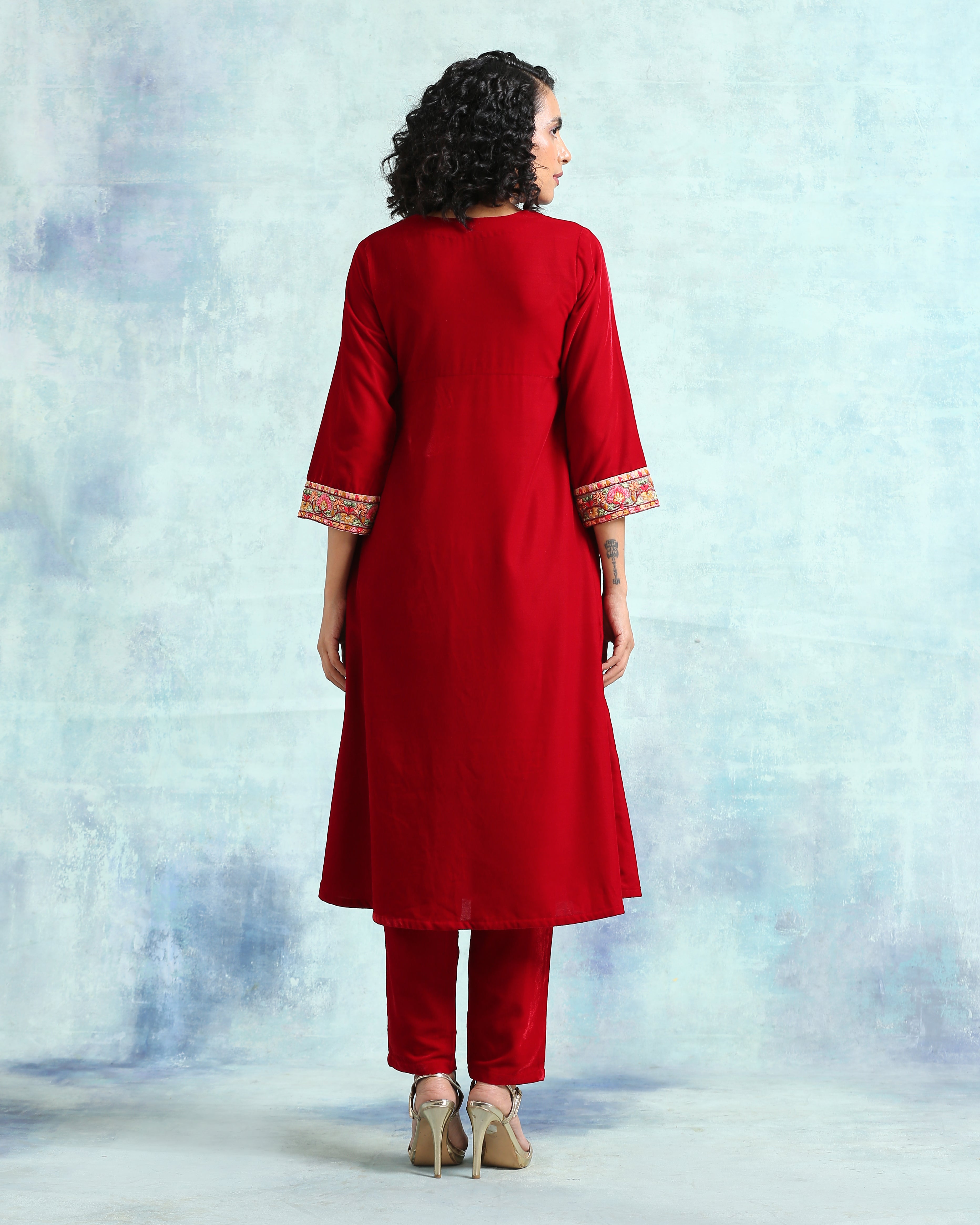 trueBrowns True Red Velvet Yoke Kurta - Distacart