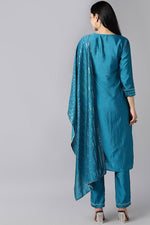 Thumbnail for Ahika Blue Poly Chanderi Solid Straight Suit Set