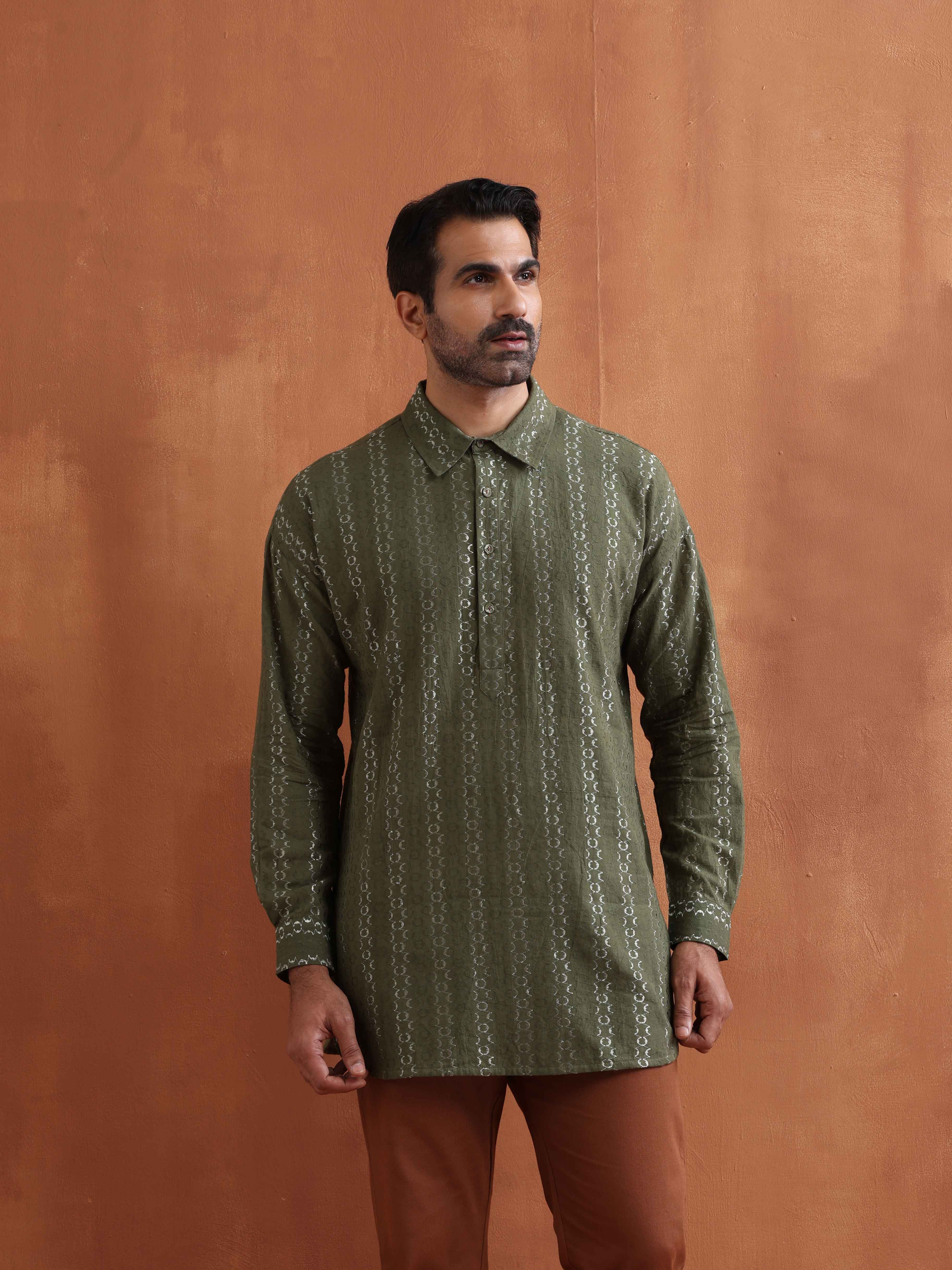 trueBrowns Men's Olive Green Cotton Dobby Short Kurta