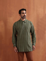 Thumbnail for trueBrowns Men's Olive Green Cotton Dobby Short Kurta