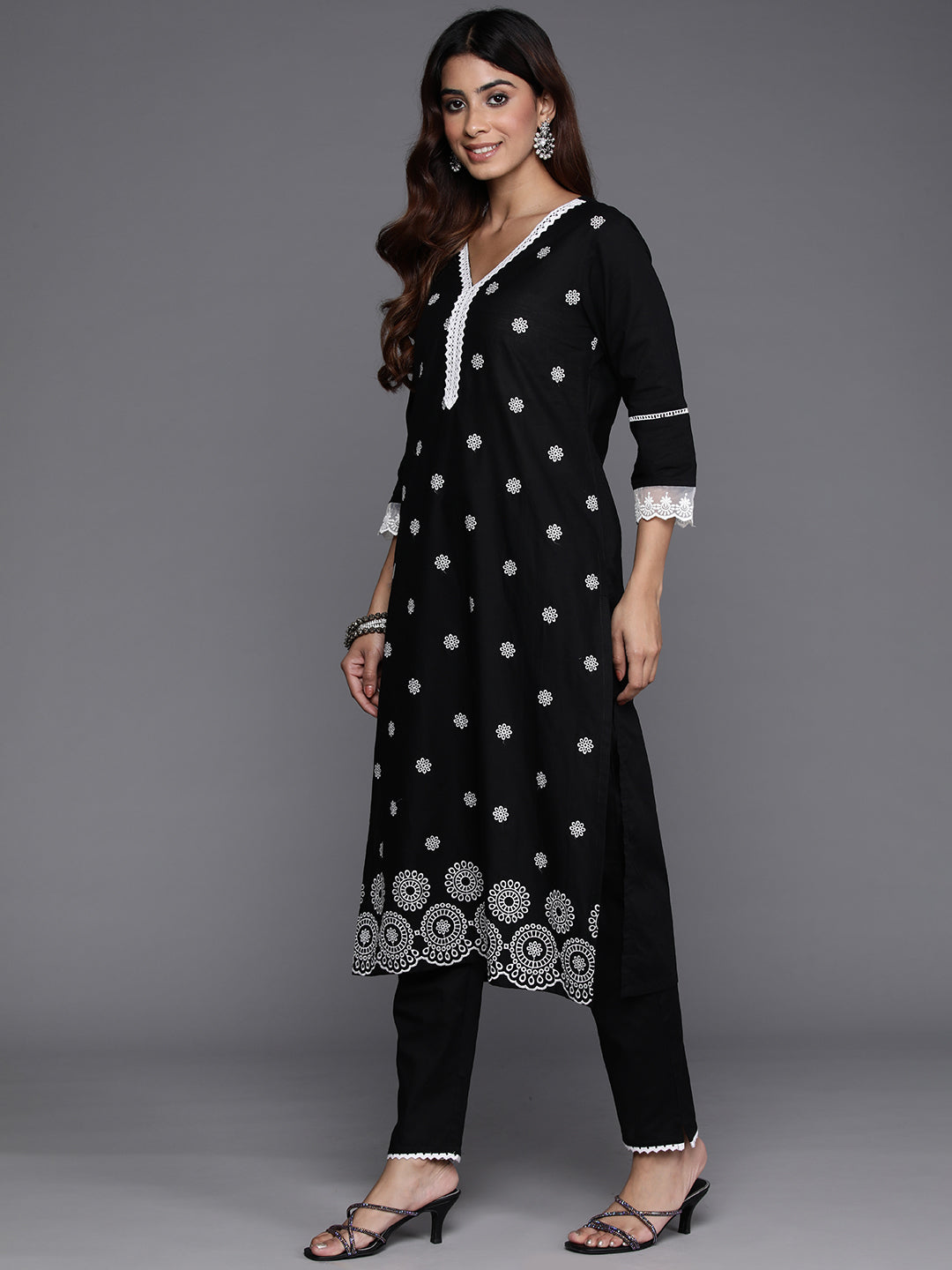 Varanga Women Black Thread Embroidered Straight Kurta With Bottom And Dupatta - Distacart
