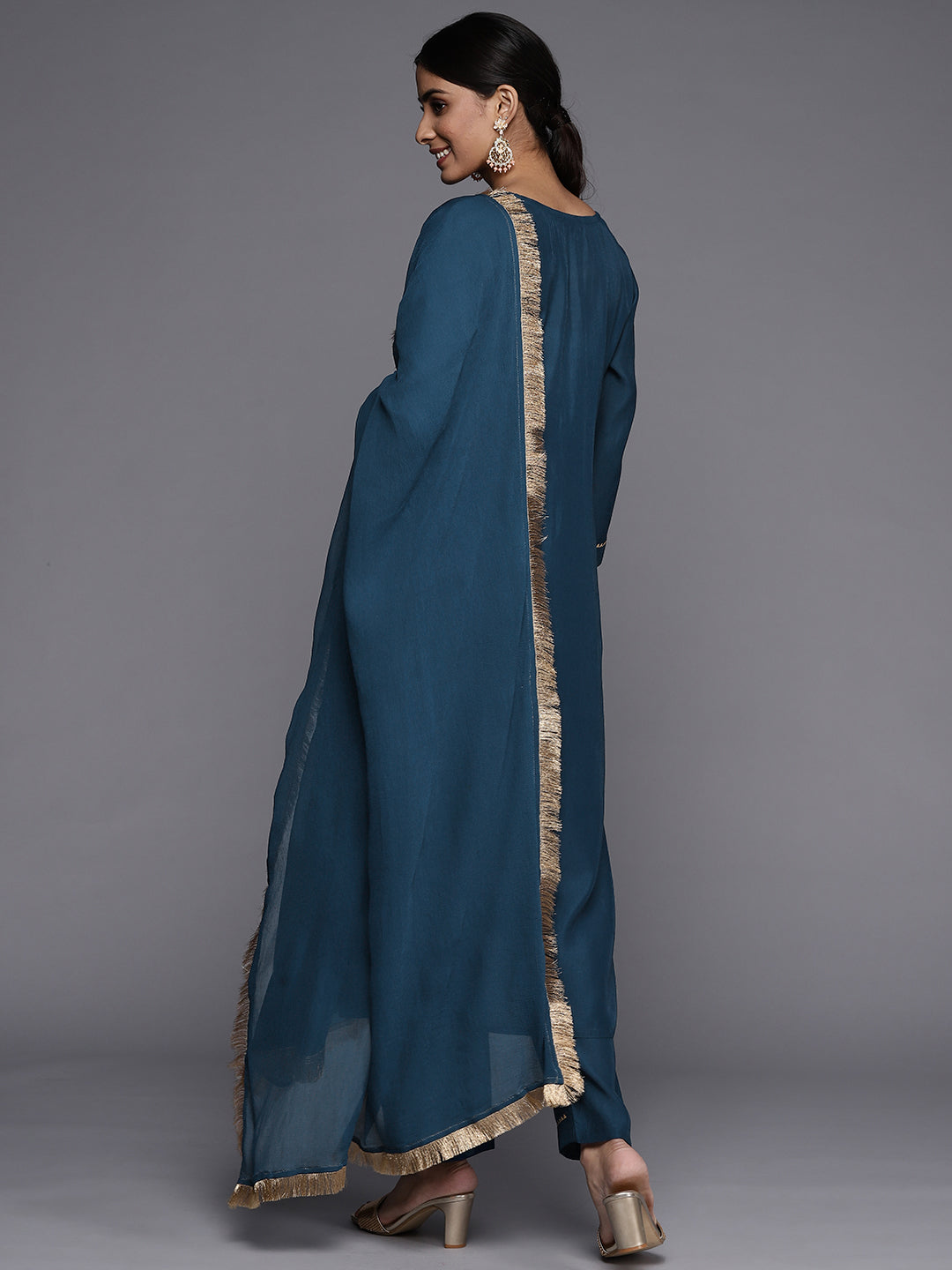 Varanga Blue Embroidered Kurta Paired With Tonal Bottom And Plain Dupatta - Distacart