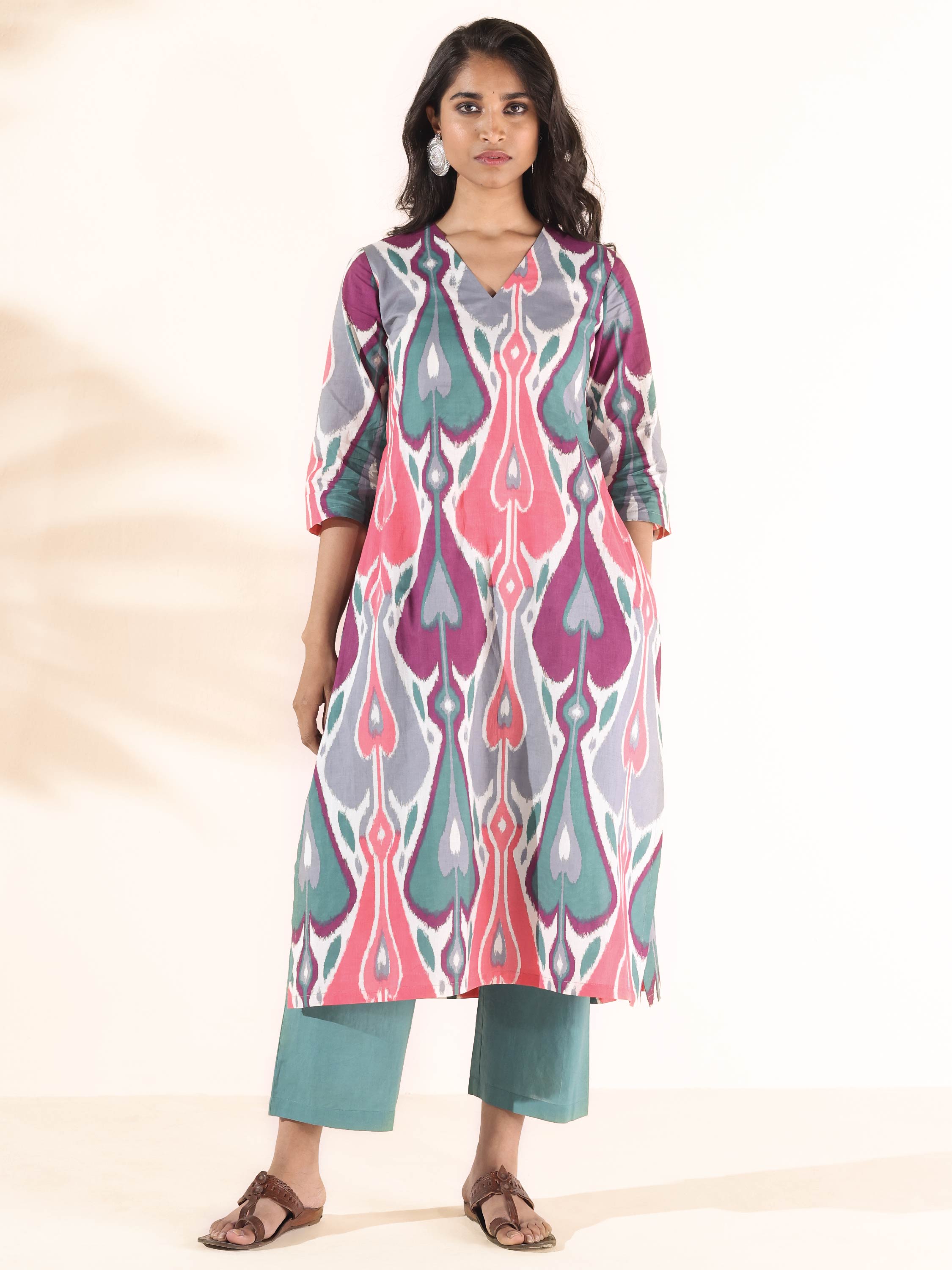 trueBrowns Green Cotton Ikat Kurta Pant Set - Distacart
