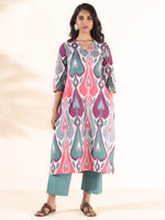 Thumbnail for trueBrowns Green Cotton Ikat Kurta Pant Set - Distacart