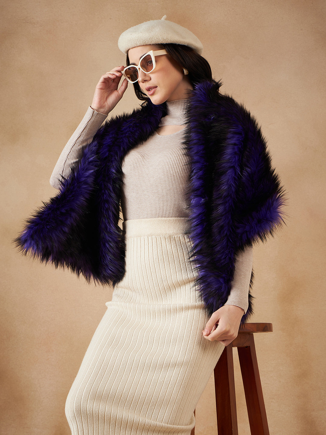 InWeave Purple Black Faux Fur Cape