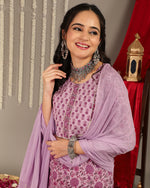 Thumbnail for Varanga Women Purple Floral Printedstraight Kurta Paired With Tonal Printed Bottom And Dupatta - Distacart