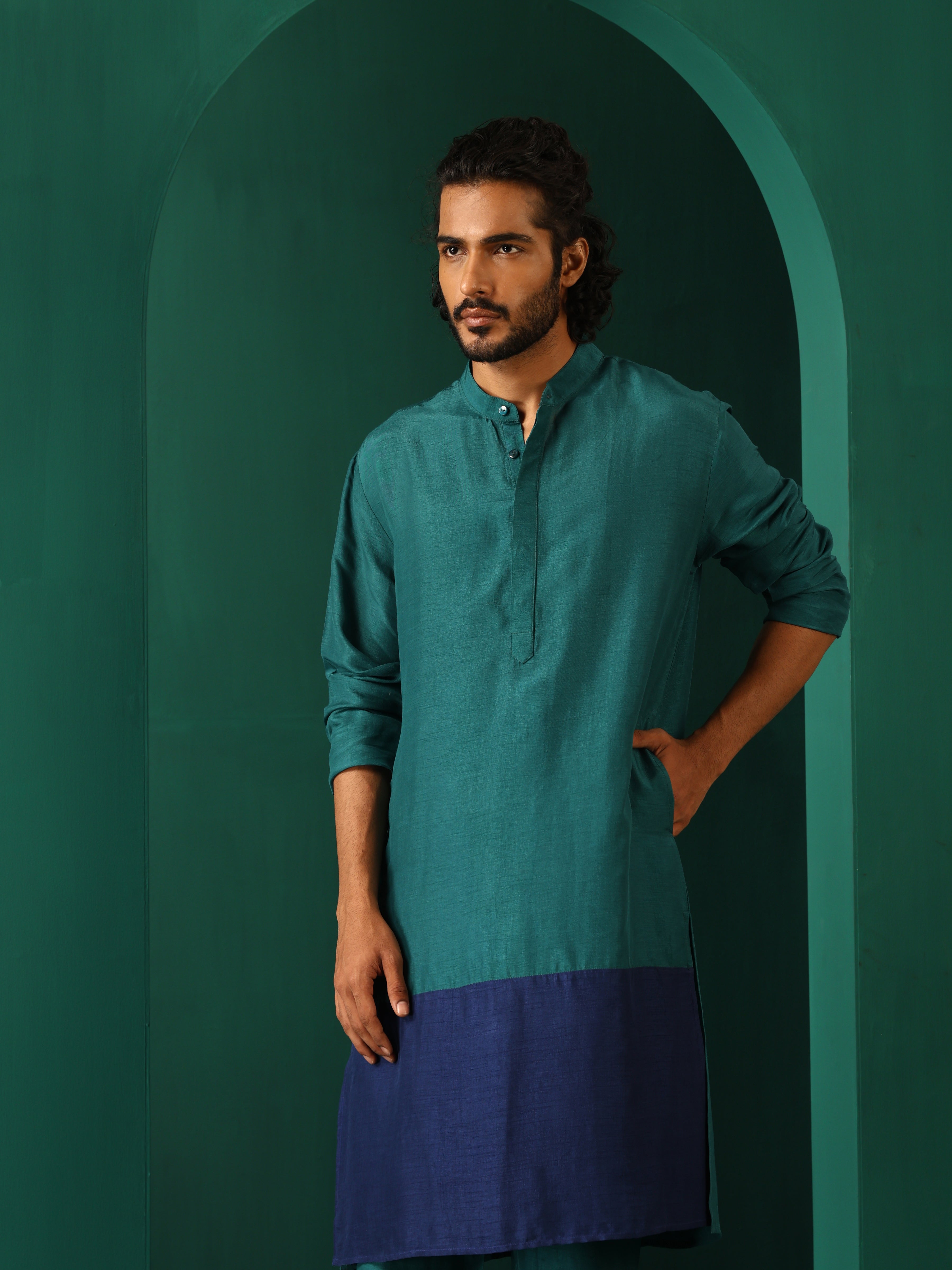 trueBrowns Men's Blue Color Block Silk Long Kurta - Distacart
