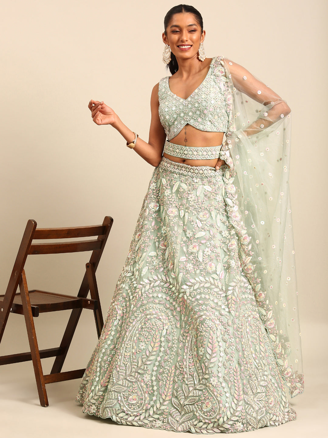 House of Panchhi Sea green Net Multi Sequins with heavy Zarkan embroidery Lehenga choli & Dupatta - Distacart