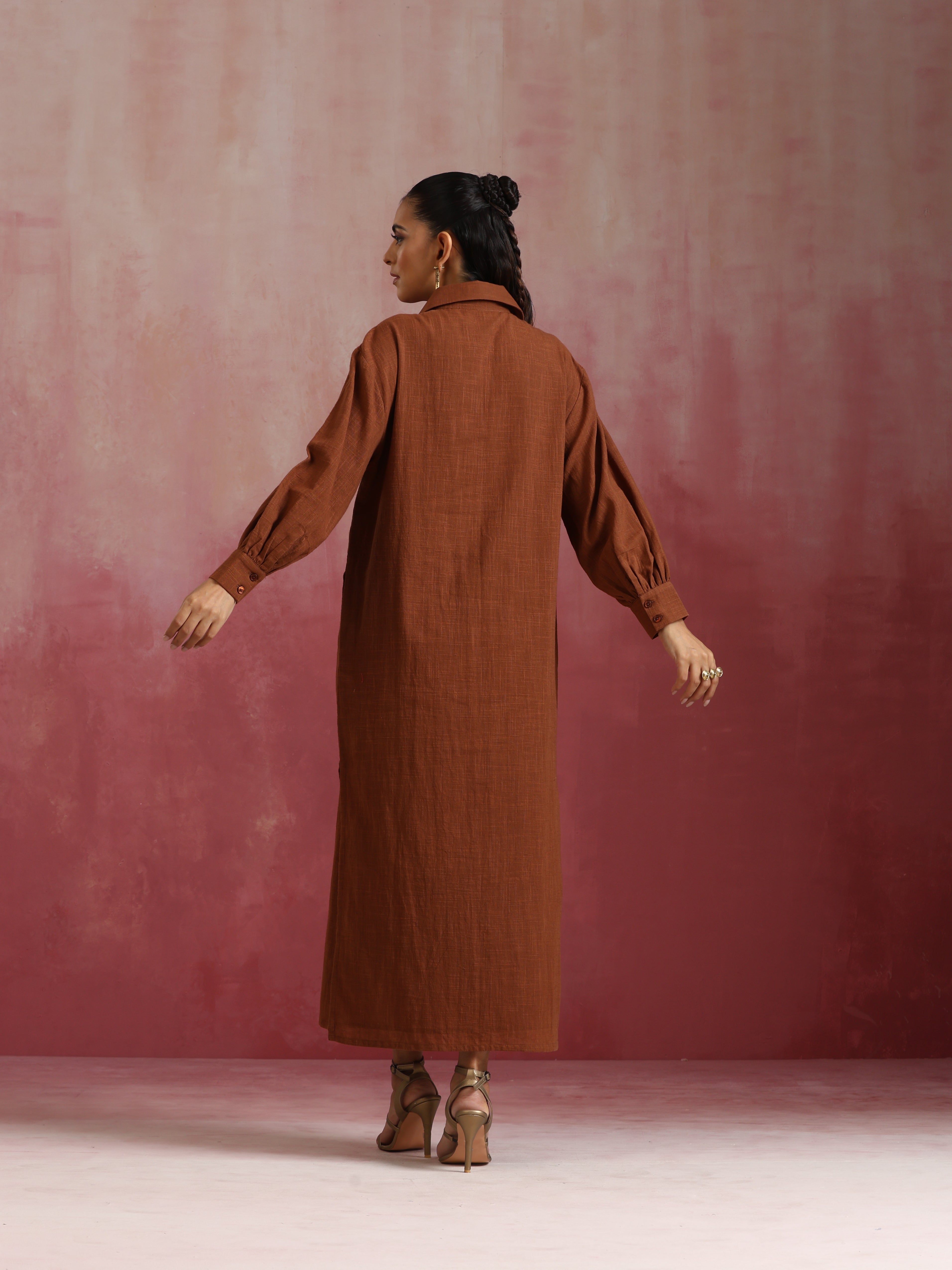 trueBrowns Brown Cotton Dobby Dress - Distacart