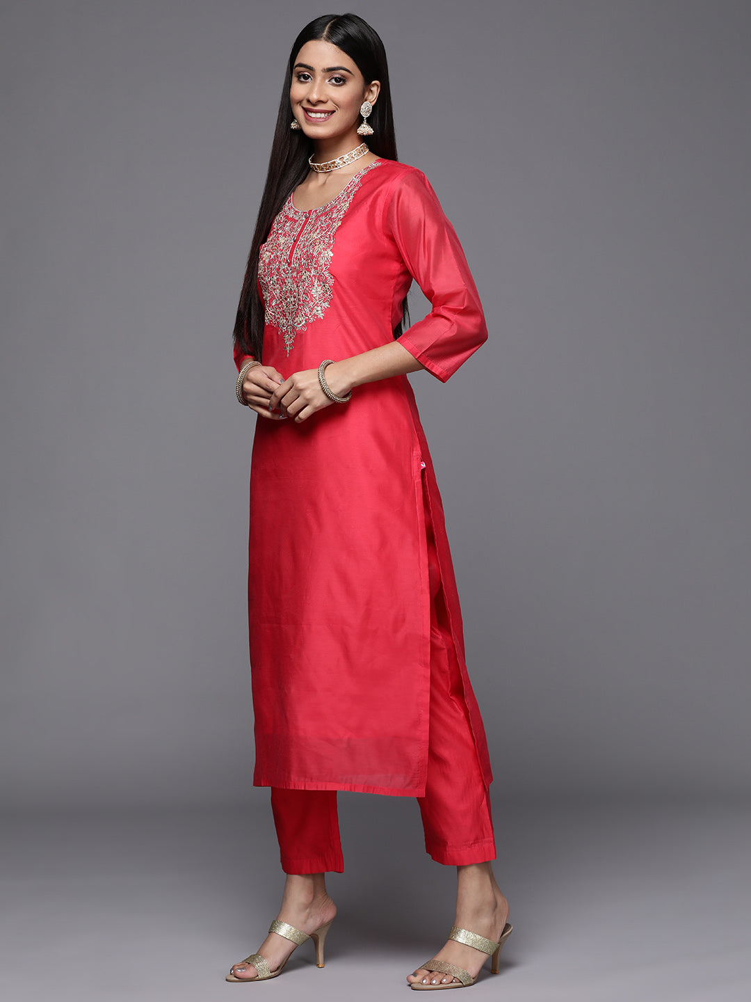 Varanga Pink Embroidered Kurta Paired With Straight Tonal Bottom And Contrast Dupatta - Distacart