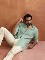 Thumbnail for trueBrowns Men's Green Cotton Dobby Front Open Short Kurta