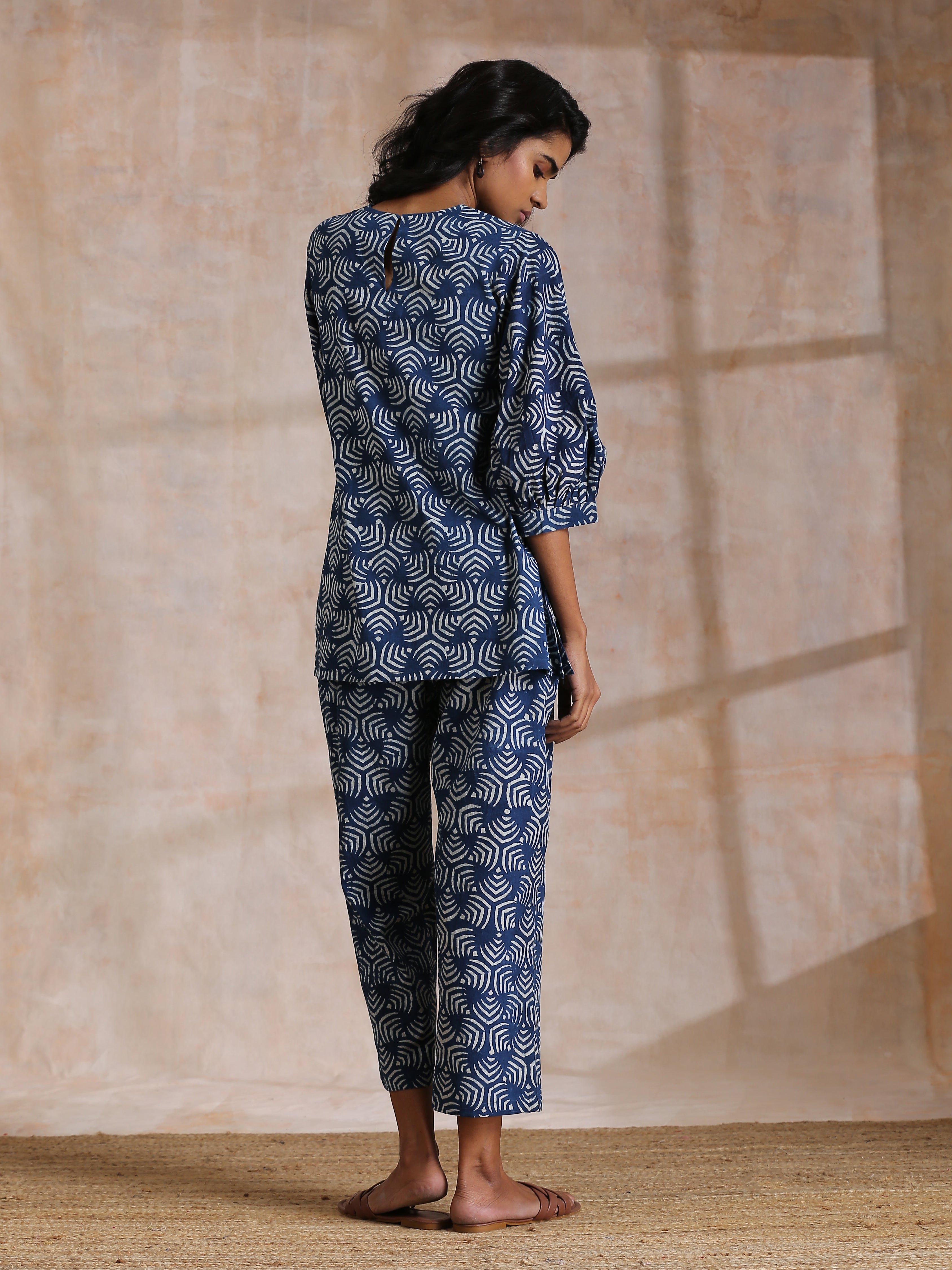 trueBrowns Indigo Dabu Overall Print Cotton Baggy Sleeve Co-Ord Set - Distacart