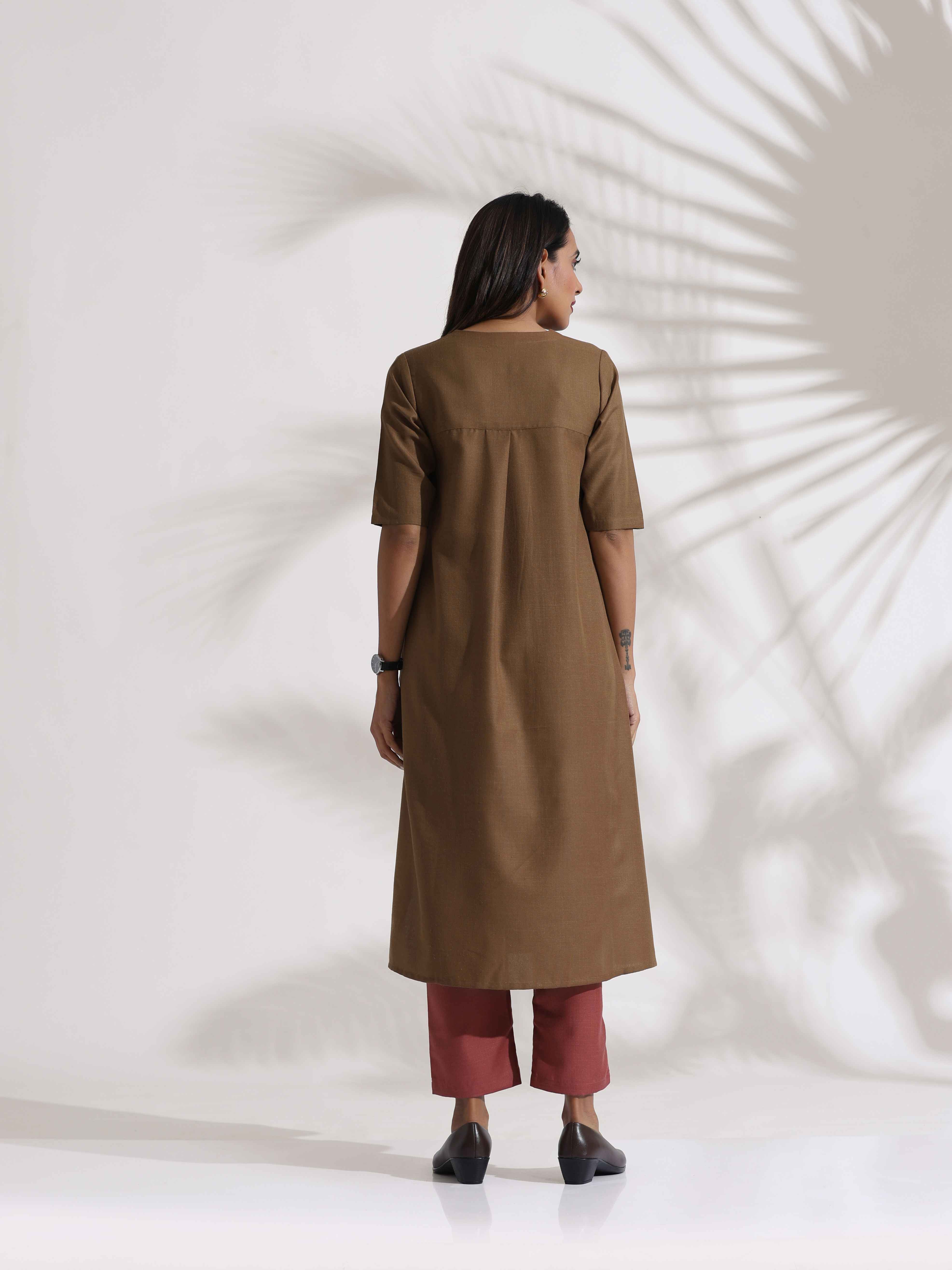 trueBrowns Brown Slub Highslit Kurta Set