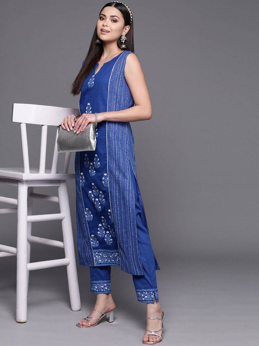 Ahalyaa Women Blue Floral Printed Pure Cotton Kurta with Trousers - Distacart