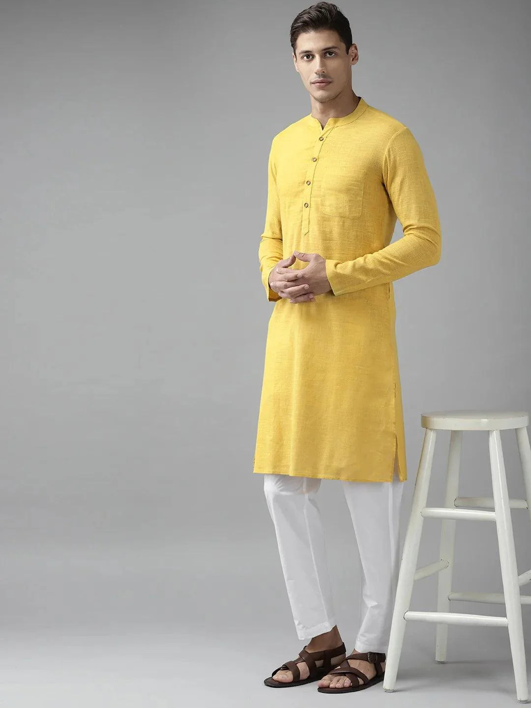 Fabmade Men Yellow Cotton Linen Kurta Pyjama