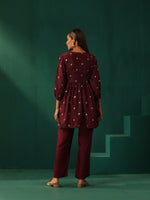 Thumbnail for trueBrowns Wine Diamond Viscose Silk Waist Gathered Co-ord Set - Distacart