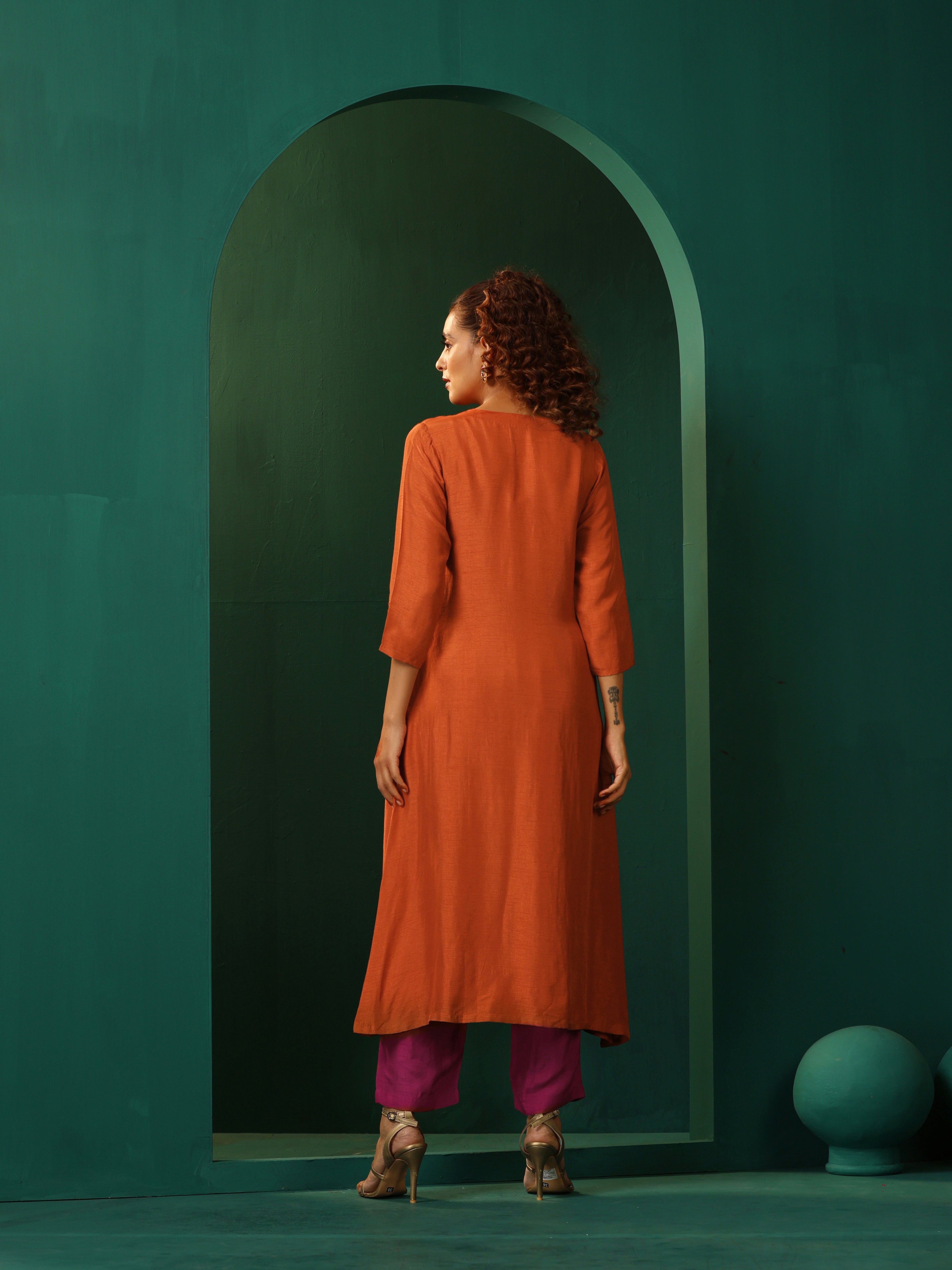 trueBrowns Rust Silk Angrakha Kurta Pant Set - Distacart