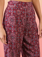 Thumbnail for InWeave Maroon Navy Ajrakh Foil Round Neck Kurta Pant Set