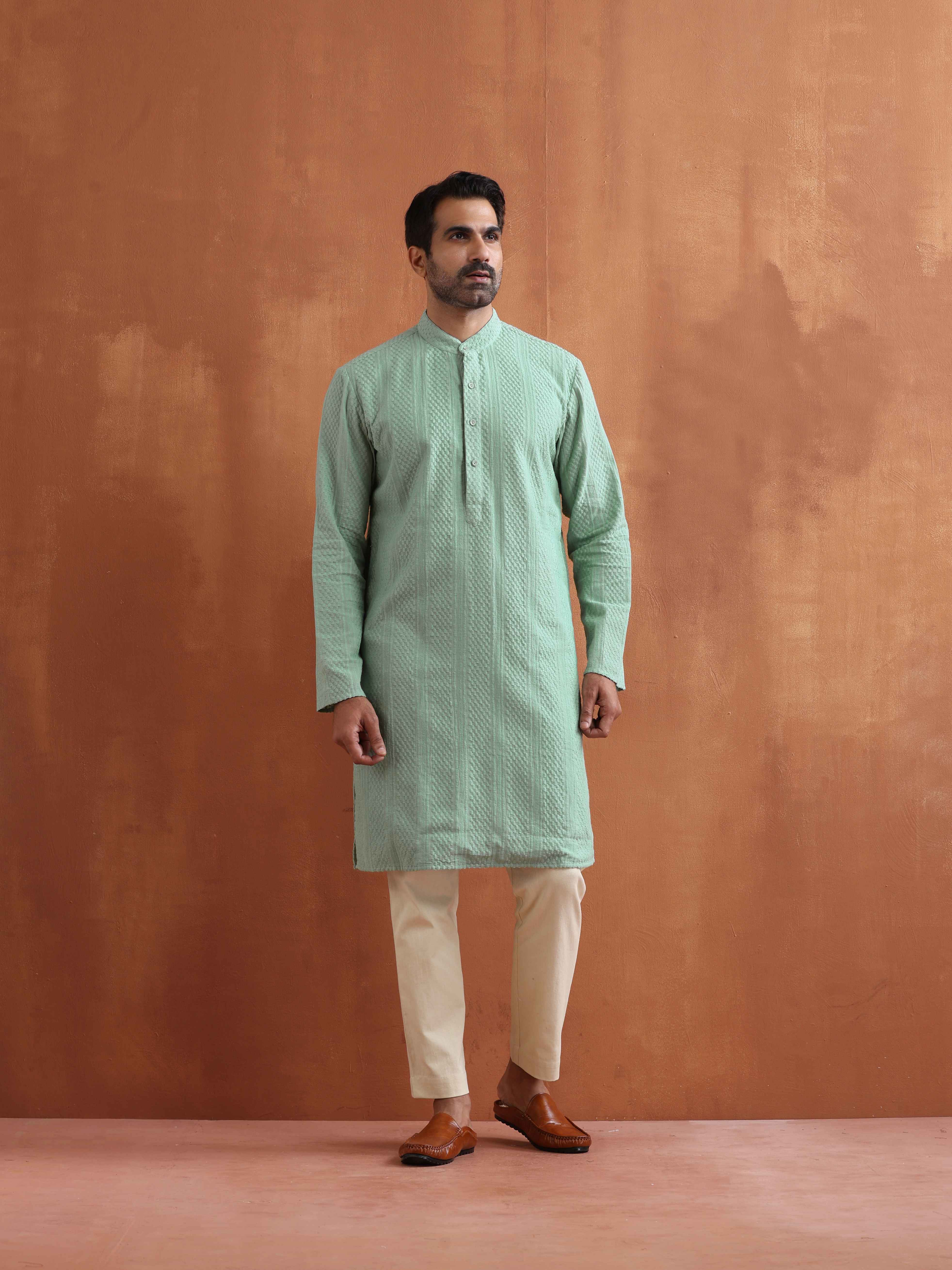 trueBrowns Men's Green Cotton Dobby Kurta