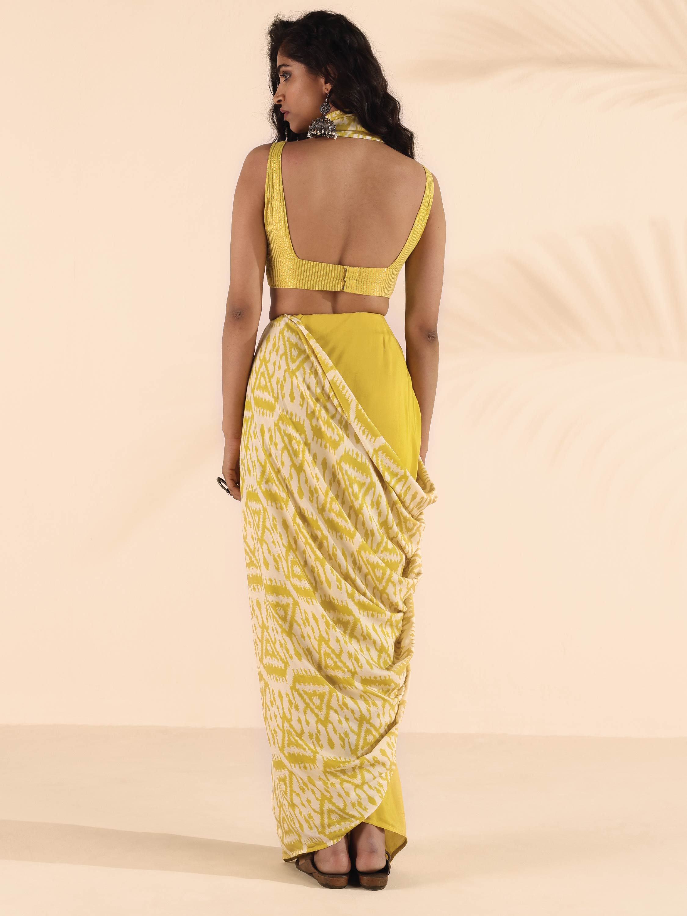 trueBrowns Lime Muslin Ikat Saree