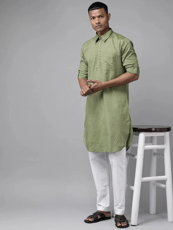 Fabmade Pure Cotton Olive Green Printed Pathani Kurta Pyjama