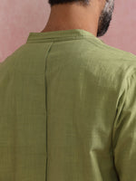 Thumbnail for trueBrowns Men's Pista Green Cotton Mandarin Collar Stylized Kurta - Distacart