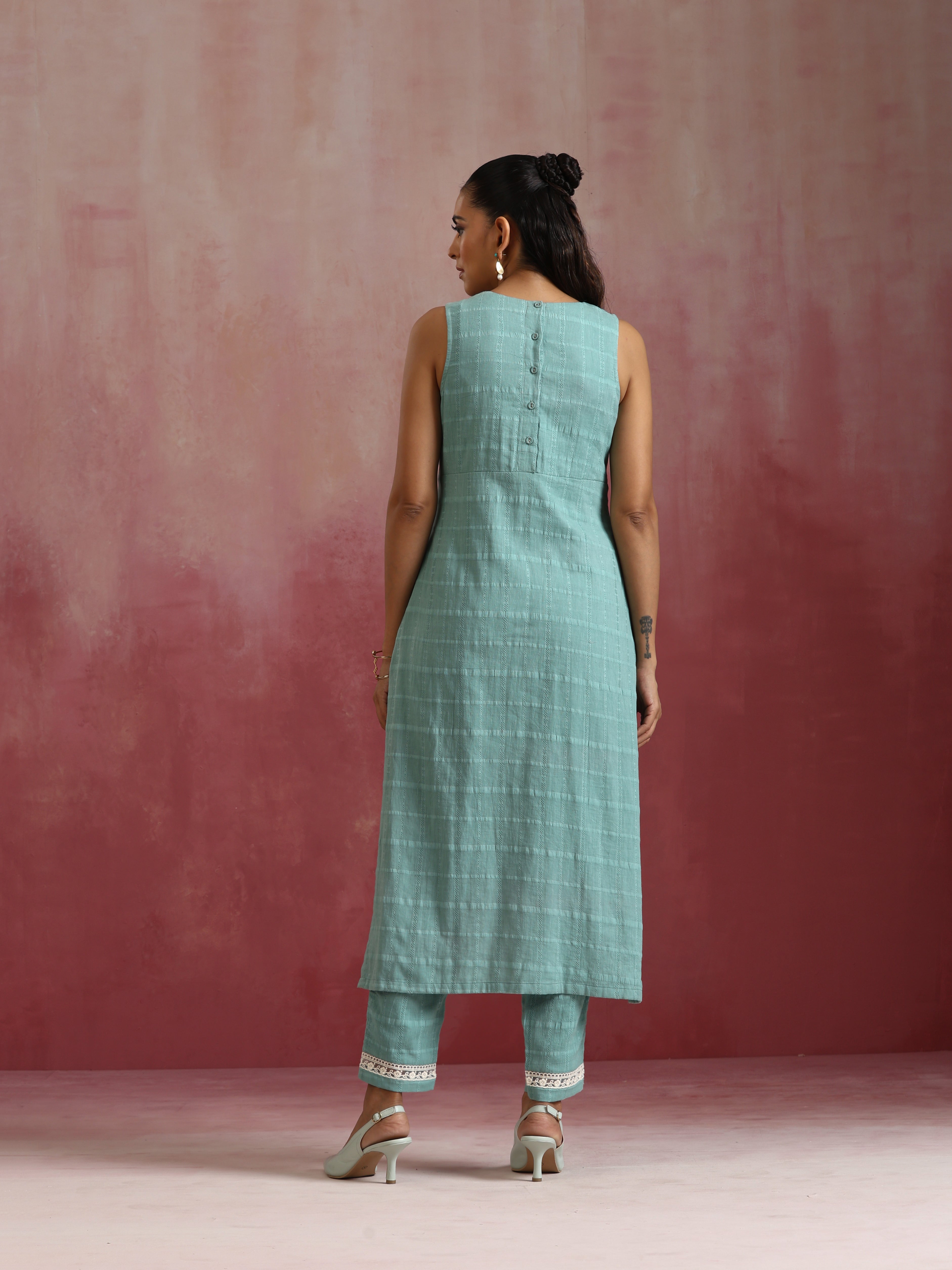trueBrowns Aqua Blue Cotton Dobby High low Kurta Set - Distacart