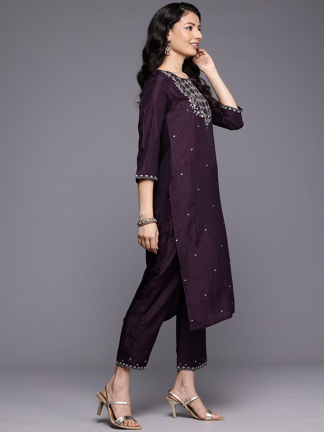 Varanga Women Purple Thread Embroidered Sequins Embellished Straight Kurta Paired With Bottom And Dupatta - Distacart