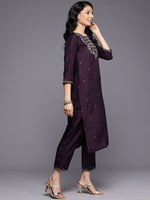 Thumbnail for Varanga Women Purple Thread Embroidered Sequins Embellished Straight Kurta Paired With Bottom And Dupatta - Distacart