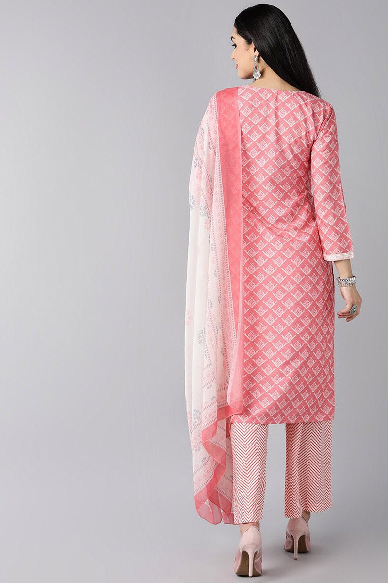 Ahika Peach Polyester Ethnic Motifs Straight Suit Set