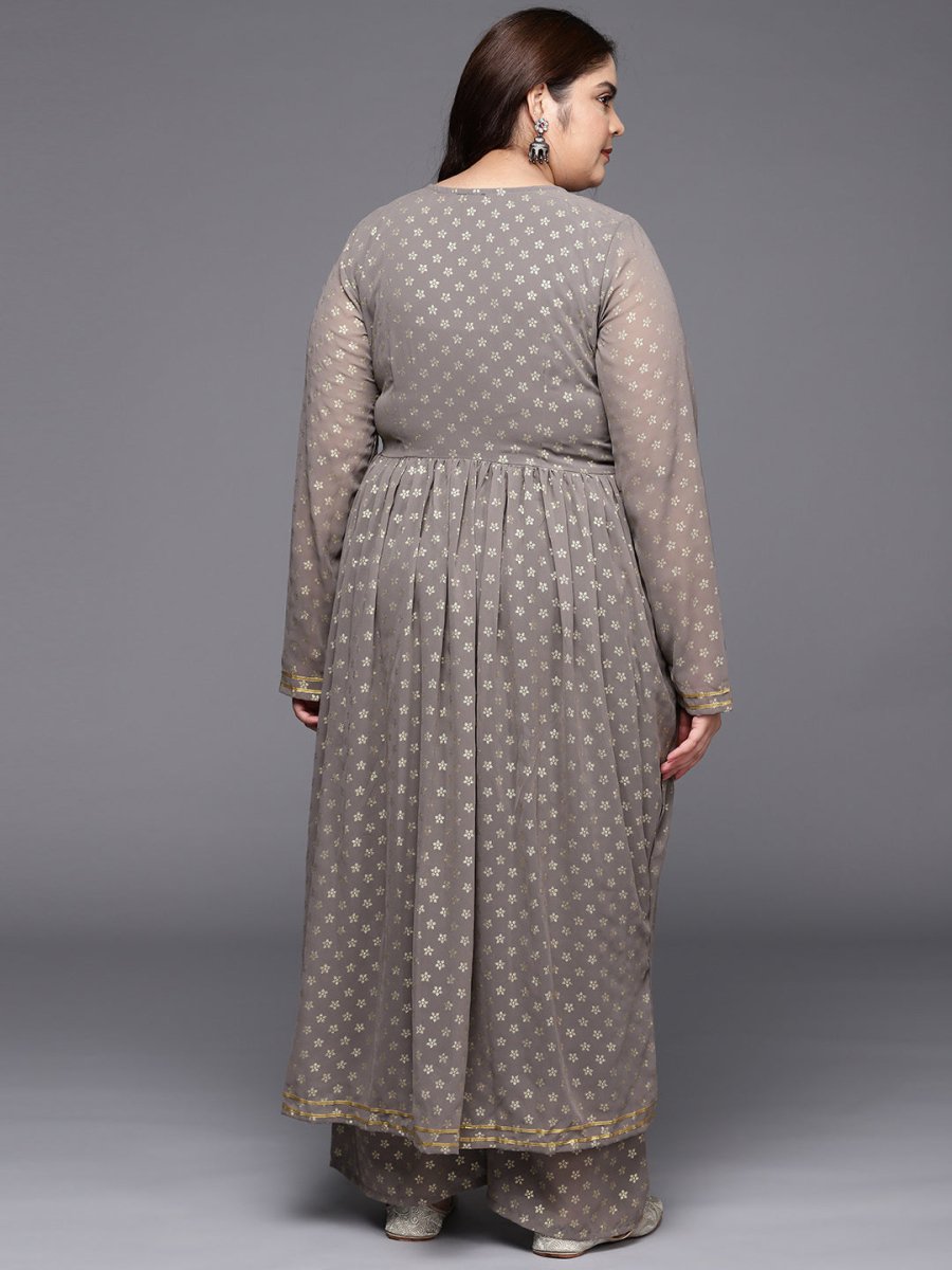 Ahalyaa Plus Size Floral Printed Zari Angrakha Kurta with Palazzos - Distacart