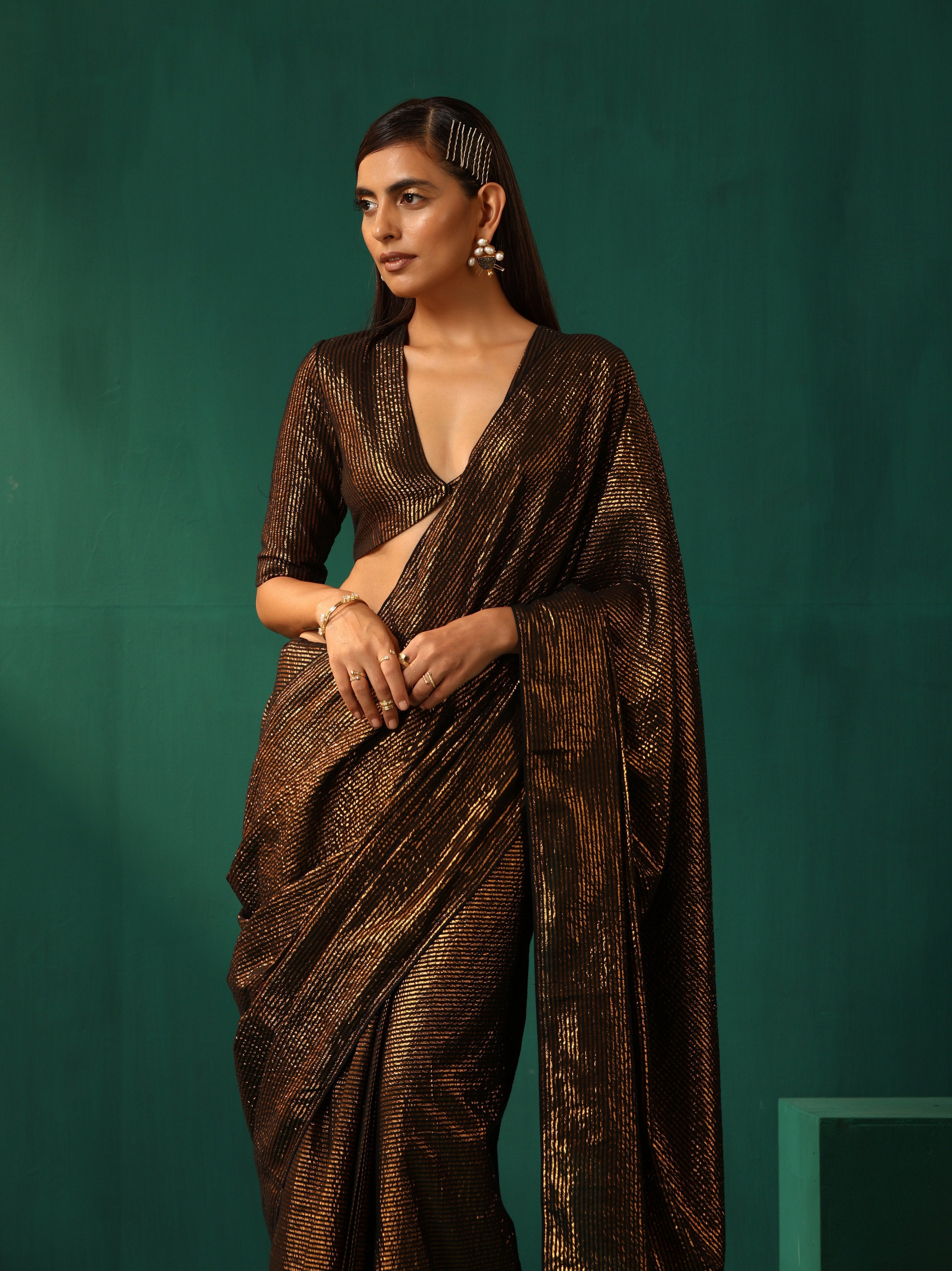 trueBrowns Black Cotton Gold Lurex Striped Ready to Wear Saree - Distacart