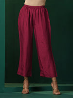 Thumbnail for trueBrowns Maroon Silk Puff Sleeve Kurta Pant Set - Distacart