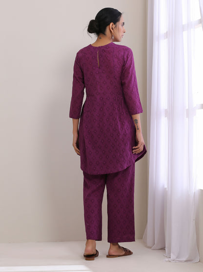 trueBrowns Plum Purple Dobby Gathers Co-Ord Set - Distacart