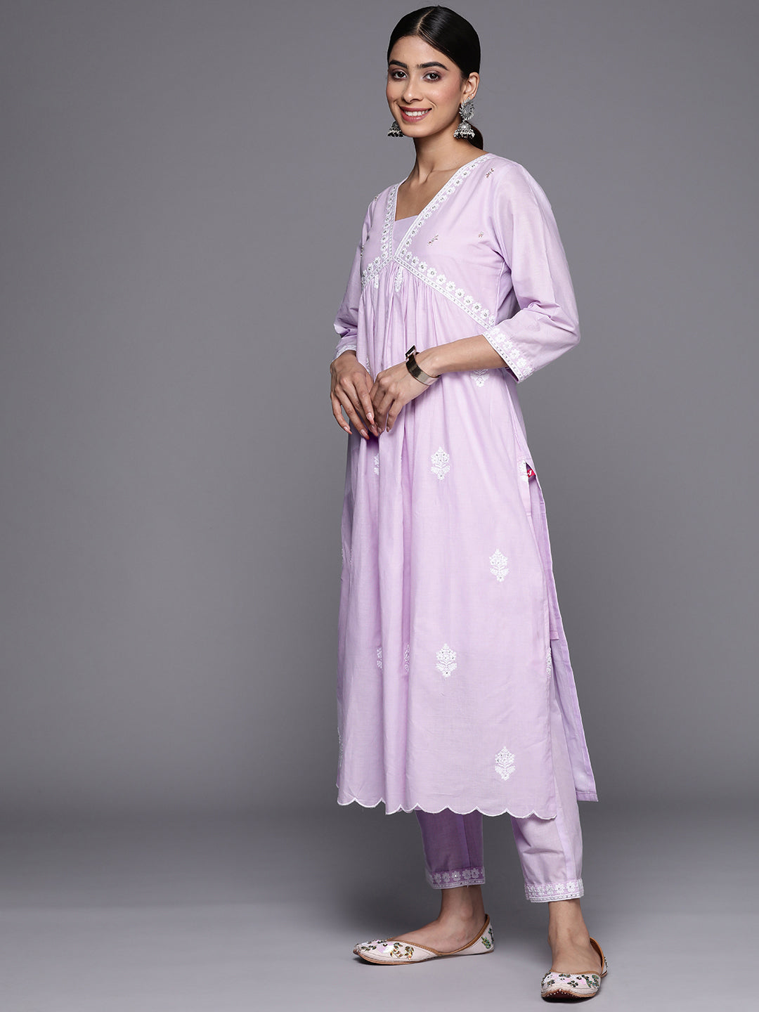Varanga Women Lavender Embroidered A-Line Empire Kurta Paired With Tonal Bottom And Tonal Embroidered Dupatta - Distacart