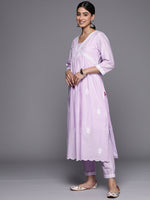 Thumbnail for Varanga Women Lavender Embroidered A-Line Empire Kurta Paired With Tonal Bottom And Tonal Embroidered Dupatta - Distacart