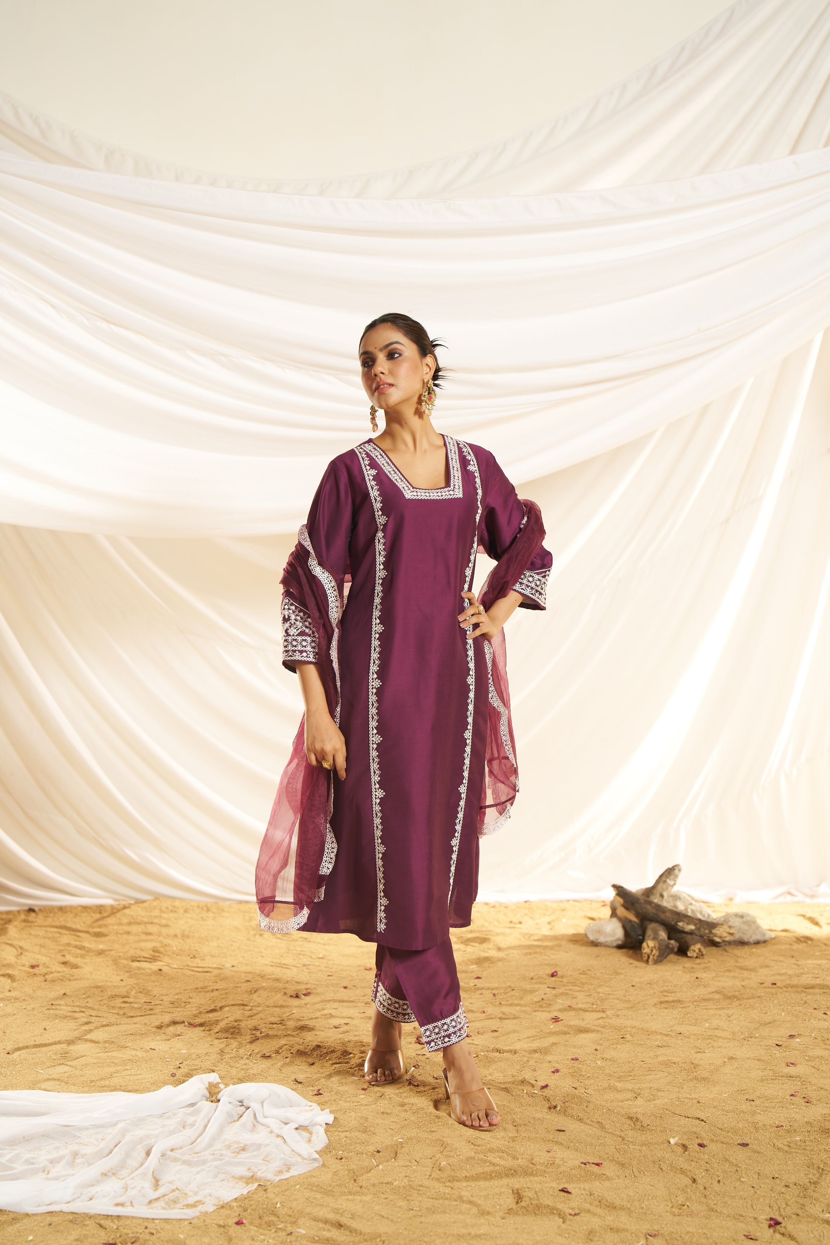 BulBul Women Wine Embroidered Premium Silk Straight Suit With Dupatta